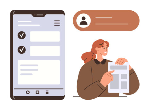 Woman holds and examines a document smartphone displays a checklist interface with completed tasks. Ideal for organization, productivity, multitasking, technology, communication, efficiency, simple