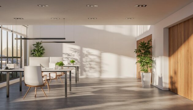 Modern Office: A contemporary office space, bathed in natural light, offers a sleek and inviting environment for productivity and collaboration. Featuring minimalist design and clean lines. - Powered by Adobe