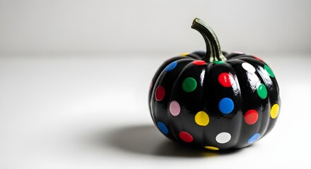 A small black pumpkin decorated with colorful polka dots in red blue green yellow and white for halloween or fall decoration