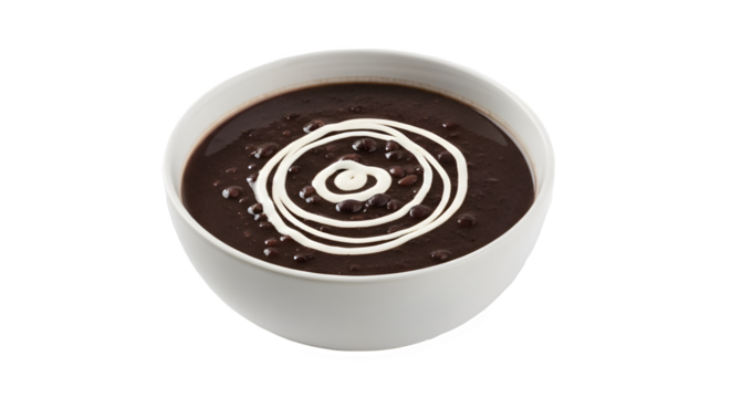Authentic bowl of rich black bean soup garnished with sour cream isolated for menu design. isolated PNG with Transparent Background