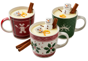 Three heavy ceramic christmas mugs filled with creamy eggnog, topped with melting marshmallow snowmen and spice garnish, isolated on transparent backdrop. Whimsical holiday indulgence concept