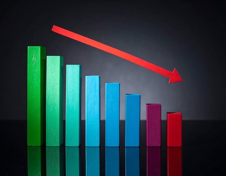 Colorful bar chart descending with a red arrow indicating a downward trend against a dark background