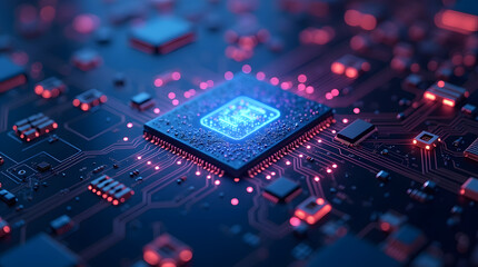 Fototapeta premium Macro closeup of a green computer circuit board or motherboard with microchips, capacitors, and electronic components highlighting modern technology and engineering