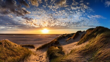 Panoramic View Beautiful Sunset Over The Dunes Heavy Clouds And Sunset With Sun Rays Blue Orange Sky Sun In The Middle Texel Island