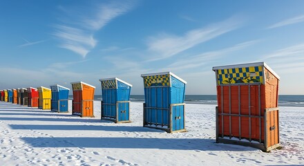 Colorful beach huts lined up on a snowy beach against a vibrant blue sky