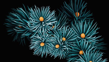 Fototapeta premium Blue Spruce Beauty: A macro shot captures the intricate details of blue spruce needles, with their distinctive blue-green hue and delicate structure, contrasted against a dark background.