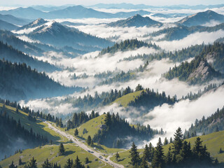Misty Mountain Ranges with Evergreen Forests and Road