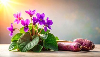 A detailed botanical illustration of the Okinawan sweet potato plant, featuring vibrant purple-fleshed tubers, heart-shaped leaves, and delicate pinkish flowers, set on a soft cream background.