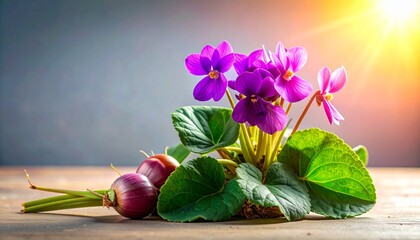 A detailed botanical illustration of the Okinawan sweet potato plant, featuring vibrant purple-fleshed tubers, heart-shaped leaves, and delicate pinkish flowers, set on a soft cream background.