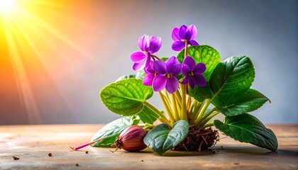 A detailed botanical illustration of the Okinawan sweet potato plant, featuring vibrant purple-fleshed tubers, heart-shaped leaves, and delicate pinkish flowers, set on a soft cream background.