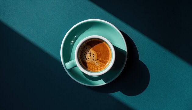 Aroma of Awakening: A close-up view captures a refreshing coffee on teal saucer, set against a backdrop, inviting to savor the moment.