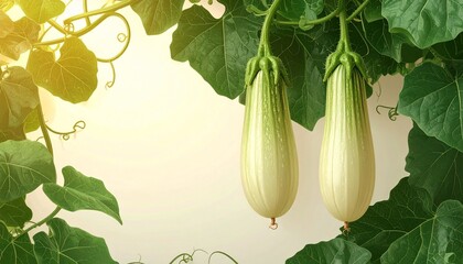 A detailed botanical illustration of the opo squash plant, showcasing its long pale-green gourds, wide leafy vines, and curling tendrils, beautifully arranged on a soft cream background.