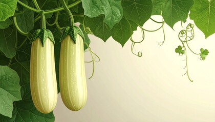 A detailed botanical illustration of the opo squash plant, showcasing its long pale-green gourds, wide leafy vines, and curling tendrils, beautifully arranged on a soft cream background.