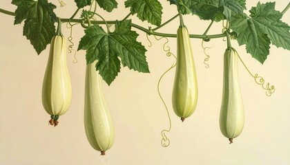 A detailed botanical illustration of the opo squash plant, showcasing its long pale-green gourds, wide leafy vines, and curling tendrils, beautifully arranged on a soft cream background.