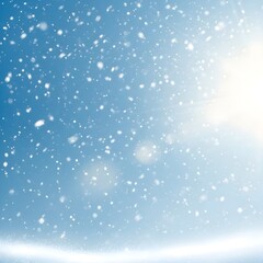 Fototapeta premium Softly falling snow against a bright blue sky with a gentle sun flare creating a serene winter atmosphere and peaceful mood