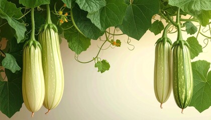 A detailed botanical illustration of the opo squash plant, showcasing its long pale-green gourds, wide leafy vines, and curling tendrils, beautifully arranged on a soft cream background.
