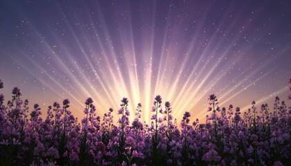 Fototapeta premium Sky Burst over Lavender Field: the sun's radiant rays ignite the sky above a sea of lavender flowers, painting a breathtaking vista that embodies tranquility and serenity.