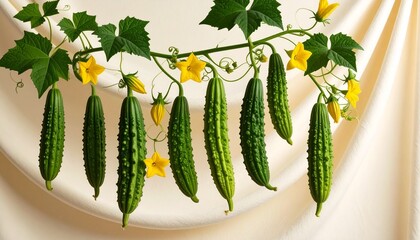 A detailed botanical illustration of the bitter melon plant, highlighting its warty green fruits, star-shaped yellow flowers, and climbing tendrils, set against a soft cream background.