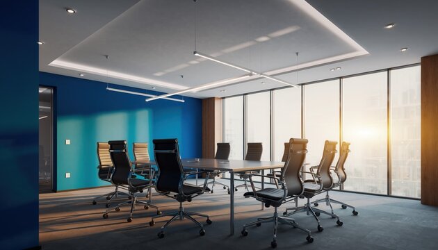 Modern Business Meeting Room: An open space, high-end, and contemporary meeting room bathed in natural light through large windows. It is a symbol of collaboration and modern workplace design.
