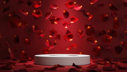 Valentine's Day Petals and Display: Delicate red rose petals cascade gracefully, illuminating a pristine display platform against a passionate, crimson backdrop, creating an atmosphere of love.