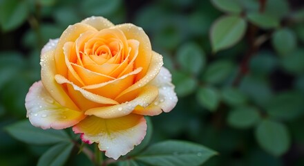 Close up of a delicate blooming peach and yellow rose with dew drops on its petals against a blurred green garden background