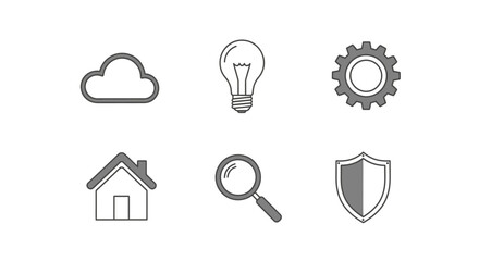 A versatile set of modern linear icons for web, app, and UI design, encompassing essential digital concepts like storage, ideas, configuration, home, search, and protection