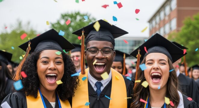 Diverse graduates celebrate academic achievement with joy under a shower of colorful confetti during commencement ceremony - Powered by Adobe