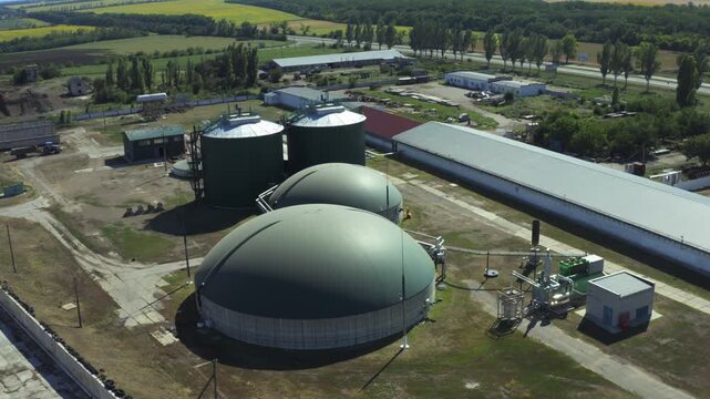 Aerial view of biogas plant demonstrating renewable energy production systems