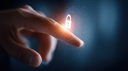 Hand touching glowing digital padlock icon, symbolizing cybersecurity, data protection, privacy, and secure access on a futuristic interface.