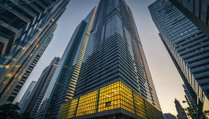 Skyline Ascent: An awe-inspiring perspective of towering skyscrapers, reaching for the sky in a vibrant cityscape, showcasing modern architecture and urban development.