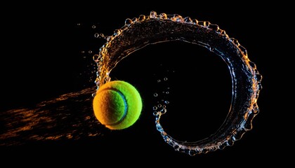 Tennis ball splashing: Capturing a Tennis ball frozen in motion, creating a mesmerizing display of water droplets in a dynamic burst around the yellow sphere. A visually arresting image.