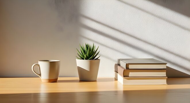 Warm sunlight streams through window blinds casting striped shadows on a wall behind a coffee mug potted plant and stack of books