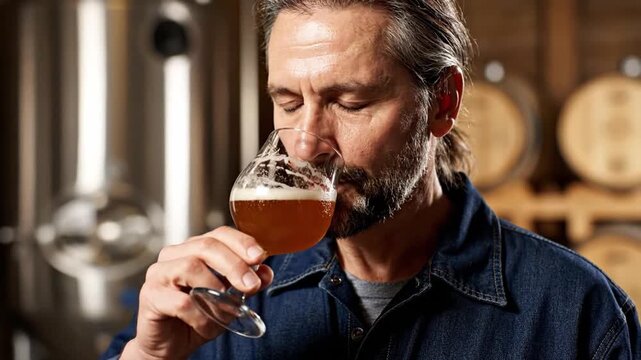 Master brewer tastes freshly brewed craft beer at local brewery in a relaxed setting - Powered by Adobe