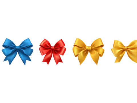 A set of four bows in different colors, including blue, red, yellow, and white