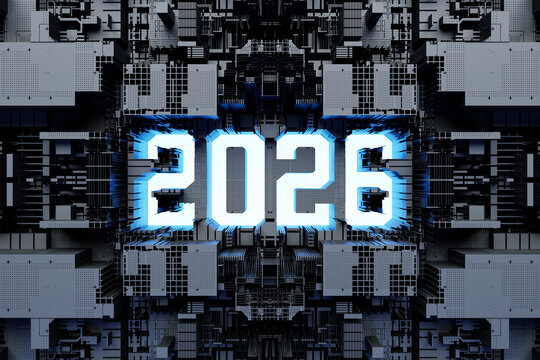 3D illustration Abstract geometric tech pattern with  futuristic tech postcard with the year 2026. Grunge textured wallpaper. Geometric repeating background for a boy, sports textiles, clothes