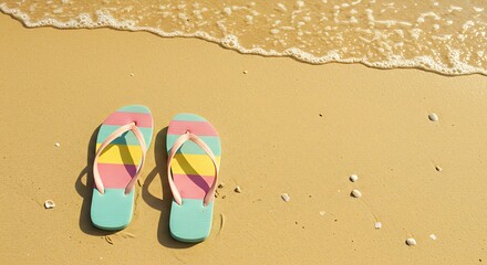 Colorful flip-flops on sandy beach, waves gently lapping ashore, shell fragments scattered