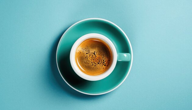 Coffee Cup on Turquoise: A top-down shot of a pristine coffee cup filled with rich, dark espresso, set atop a matching saucer. The vibrant turquoise background provides a perfect contrast to the warm.