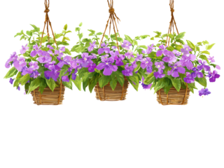 Three hanging baskets of purple flowers