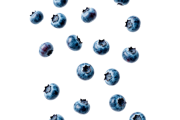 set of blue blueberries flying in the air isolated