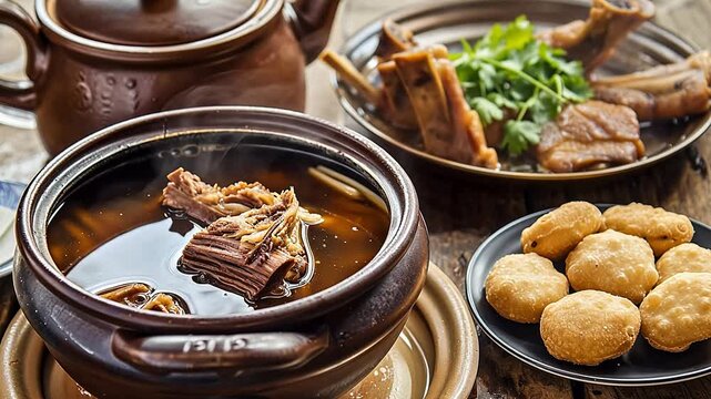 Bak kut teh or Bakut is a pork rib dish cooked in broth, served in Malaysia and Singapore. Bak kut teh and tea pot. Bak kut teh with dough fritters