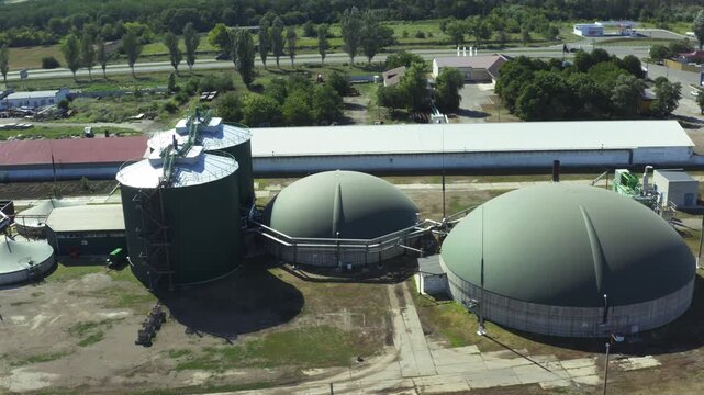 Aerial view of an operational biogas plant with digesters