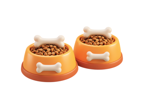 Two bowls of dog food with bones in them
