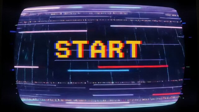 Dynamic retro start screen with pixelated text and vibrant light streaks, perfect for gaming intros, 80s themed projects, and nostalgic designs that need a vintage video game vibe