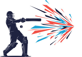 Dynamic illustration of a cricket batsman in action, hitting the ball with explosive energy and speed