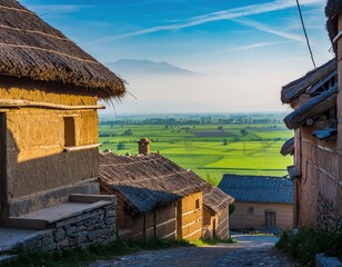 Quaint Village Landscape: Charming traditional houses with thatched roofs line a sun-drenched pathway, leading the eye towards a vast green field with misty mountains