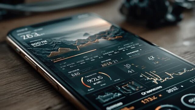 Tech Dashboard's View: A high-tech phone showcasing intricate charts and graphs, the image speaks to the complexities of information. The cutting-edge device sits atop a sleek surface.