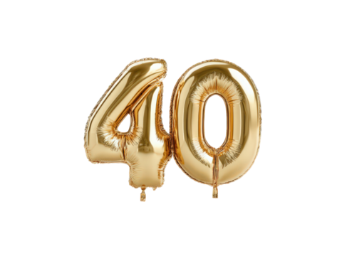 A large gold balloon number 40 is floating in the air