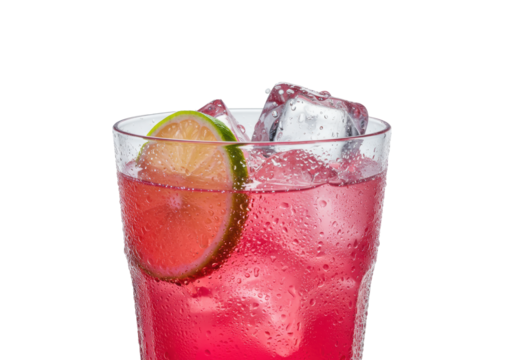 Extreme macro product shot of a supercooled highball glass dripping with condensation, holding electric neon pink soda, ice blocks, and a lime wheel, transparent background. Concept for beverage