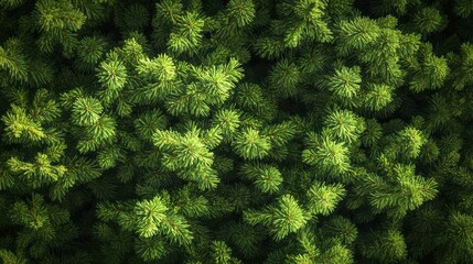 An aerial topdown view of a dense, vibrant green forest canopy, showcasing the intricate patterns and textures of lush pine tree branches under natural sunlight
