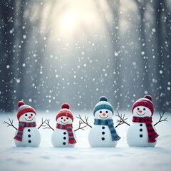 Obraz premium Four adorable and cheerful snowmen wearing festive hats and scarves stand in a snowy forest with soft sunlight filtering through the trees